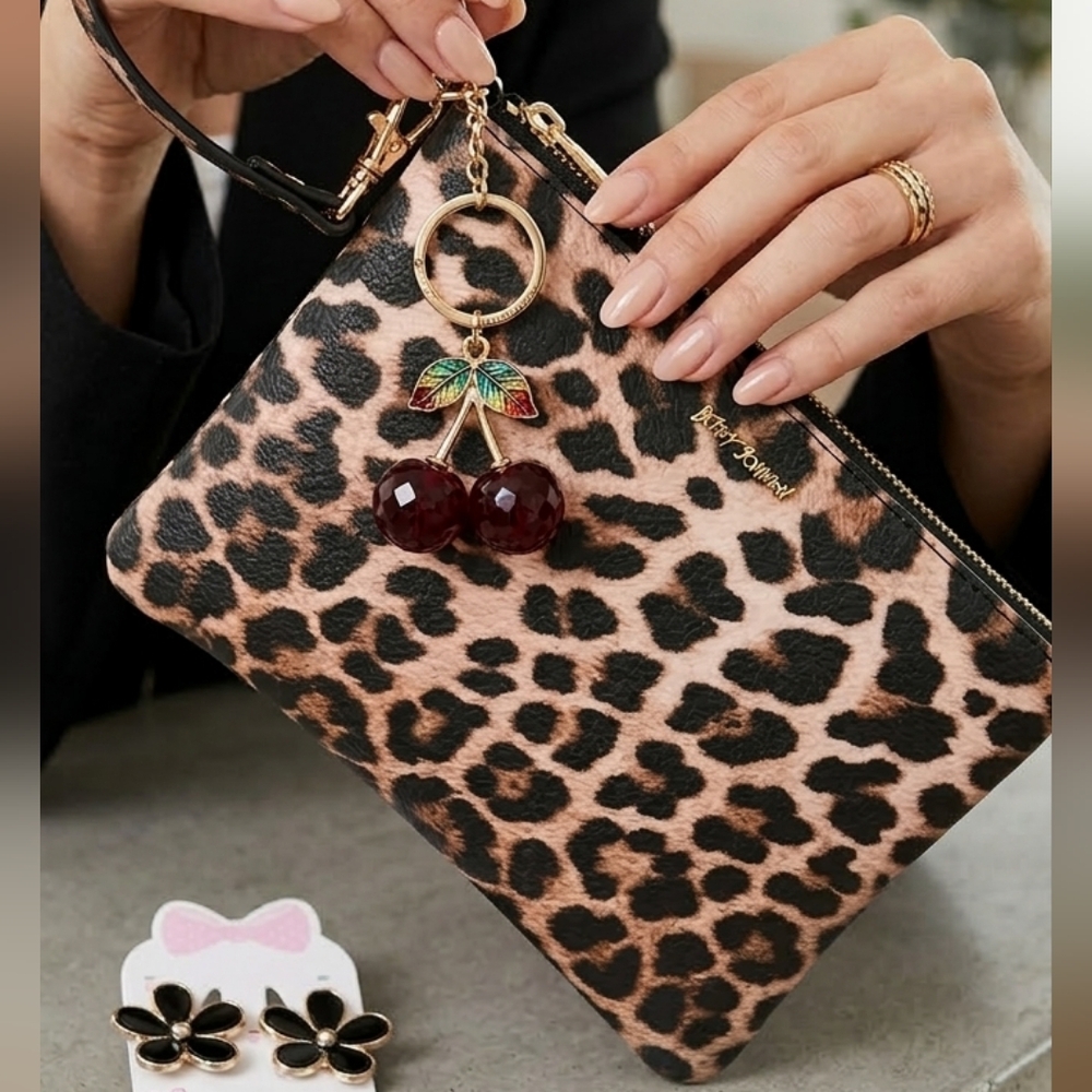 Betsey Johnson Rockabilly Bundle Leopard Wristlet, Cherry Charm & Hair Clips